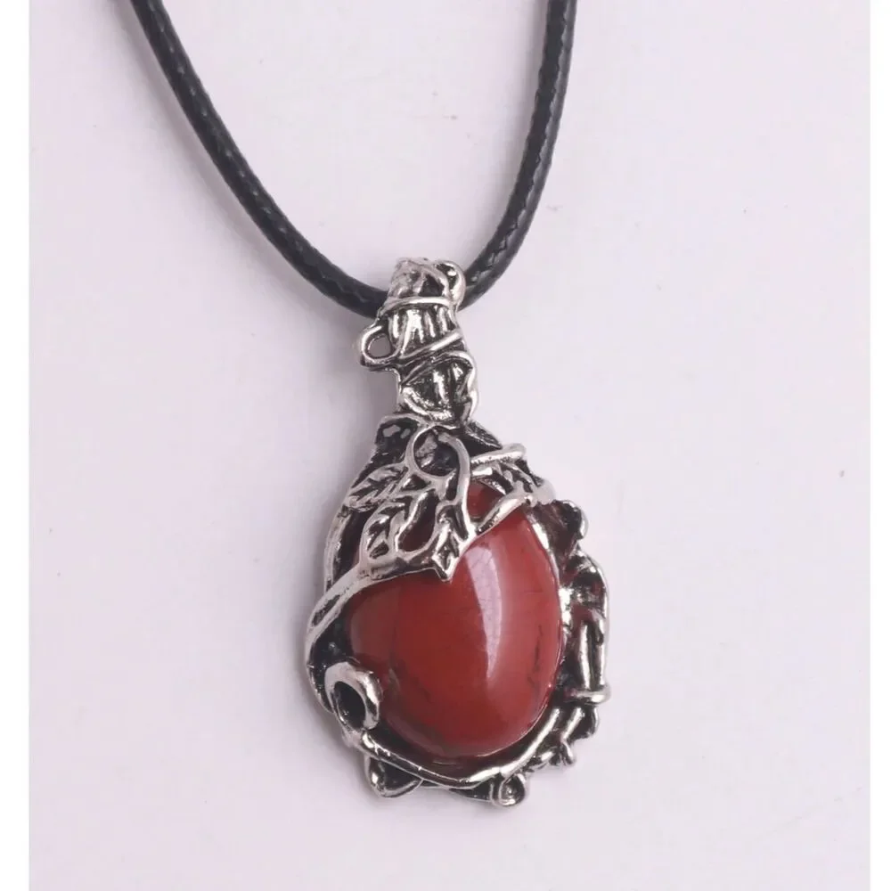 Brecciated Jasper Pendant Necklace Silver Wrapped Oval Gmstne Crystal Charm Boho